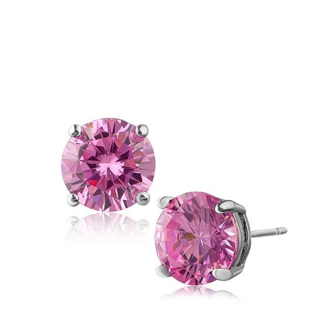 Pink Round Cubic Zirconia Stud Earrings in Rhodium-Plated Brass, photo 1