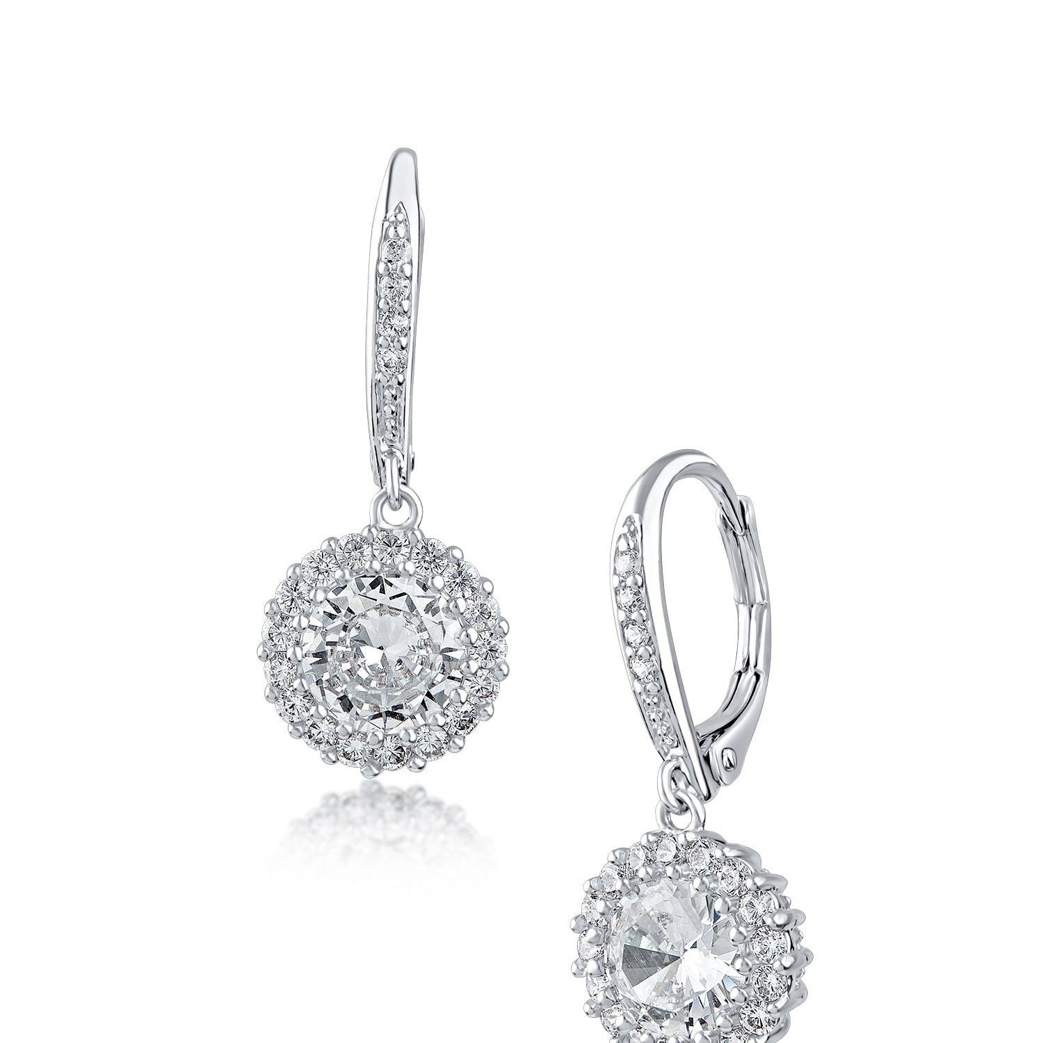 Round Cubic Zirconia Pavé Border Drop Earrings in Rhodium-Plated Brass, photo 1