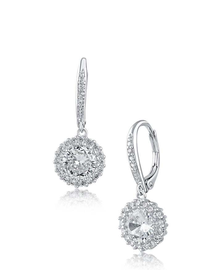 Round Cubic Zirconia Pavé Border Drop Earrings in Rhodium-Plated Brass, photo 1
