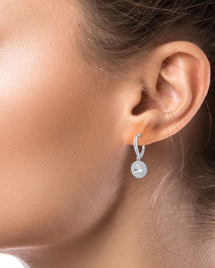 Round Cubic Zirconia Pavé Border Drop Earrings in Rhodium-Plated Brass, photo 2