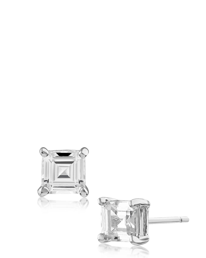 Aretes de botón de 5 mm con zirconia cúbica talla Asscher en latón bañado en rodio, foto 1