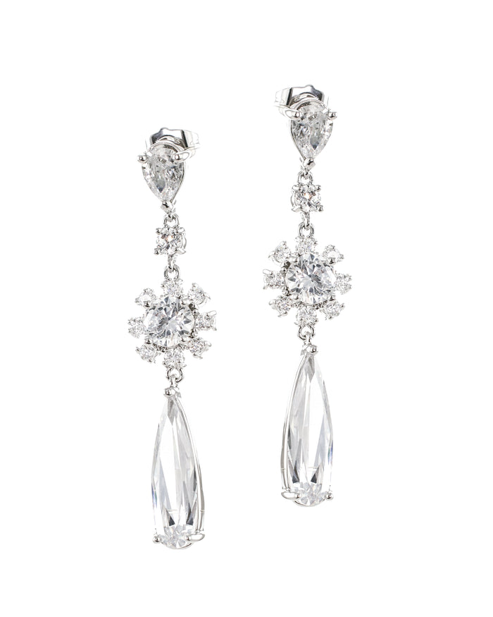 Elongated Pear Cubic Zirconia Floral Drop Earrings in Sterling Silver, photo 1
