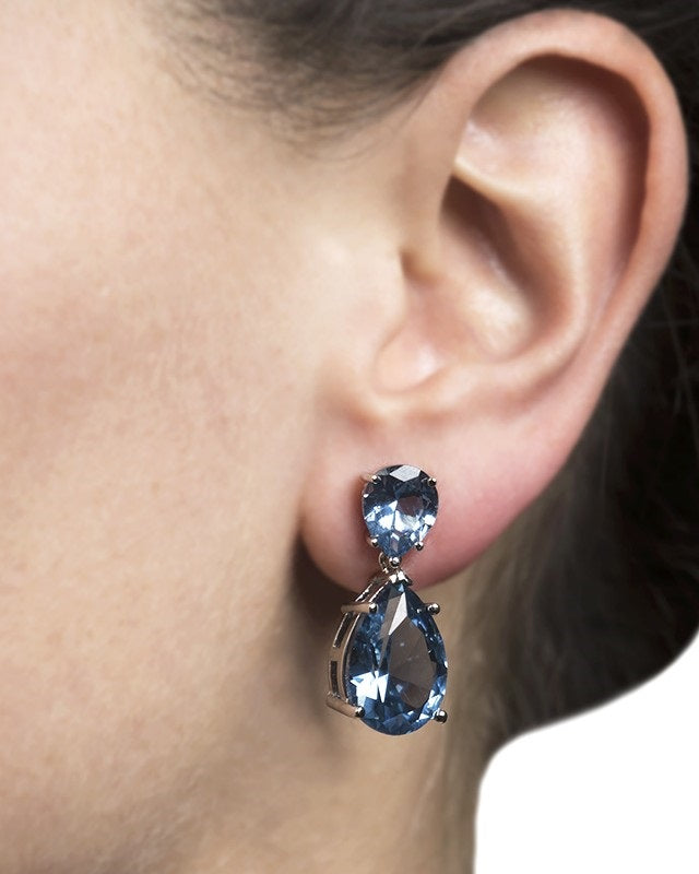Light Blue Double Pear Cubic Zirconia Drop Earrings in Rhodium-Plated Brass, photo 2