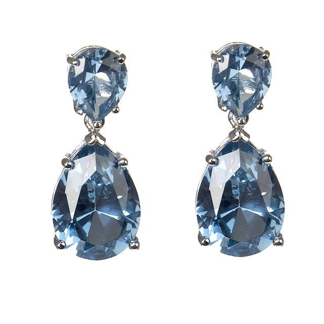 Light Blue Double Pear Cubic Zirconia Drop Earrings in Rhodium-Plated Brass, photo 1
