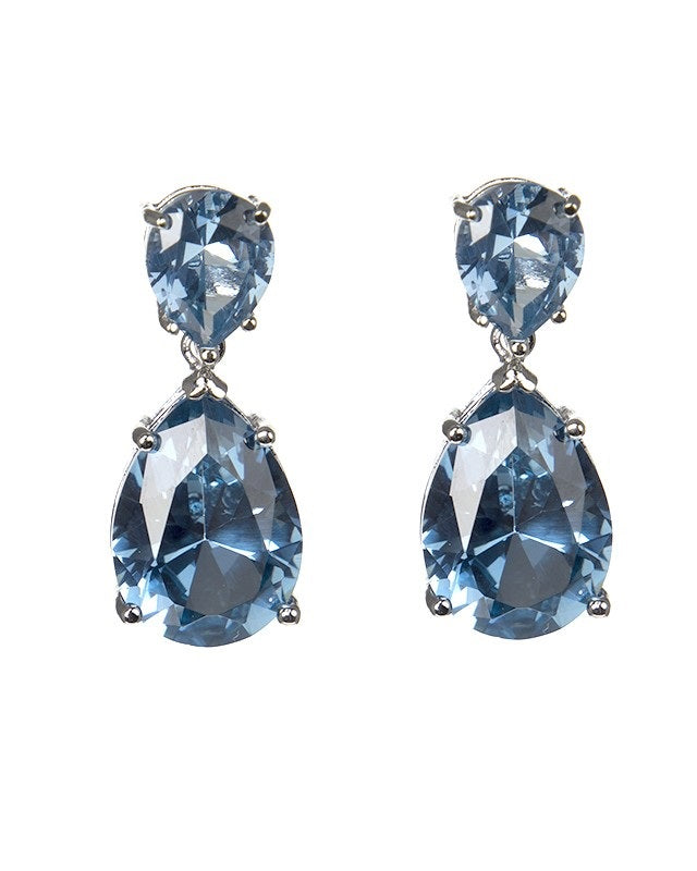 Light Blue Double Pear Cubic Zirconia Drop Earrings in Rhodium-Plated Brass, photo 1