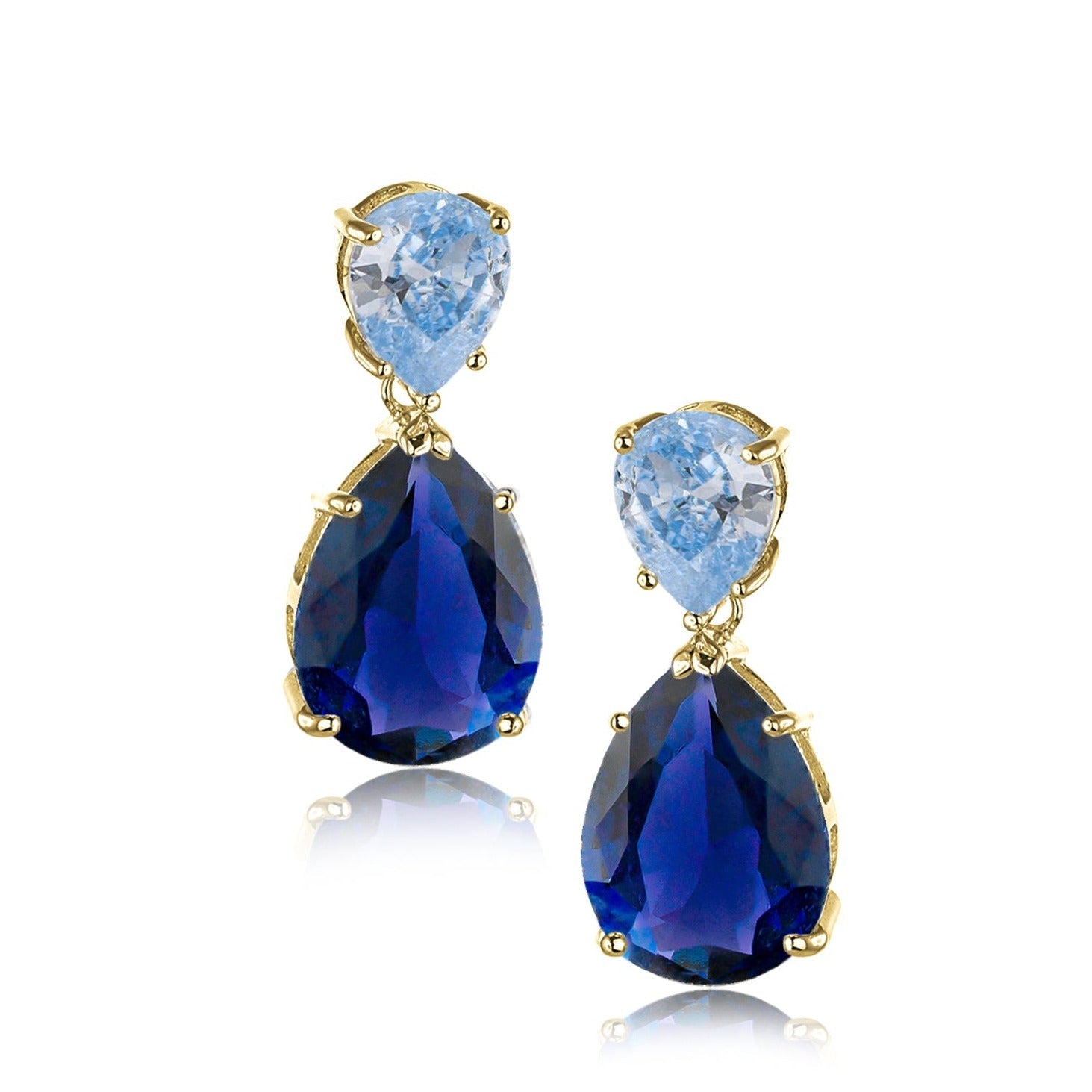 Blue and Light Blue Double Pear Cubic Zirconia Earrings in Gold-Plated Brass, photo 1