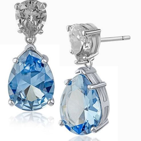 Light Blue Pear Cubic Zirconia Double Drop Earrings in Rhodium-Plated Brass, photo 1