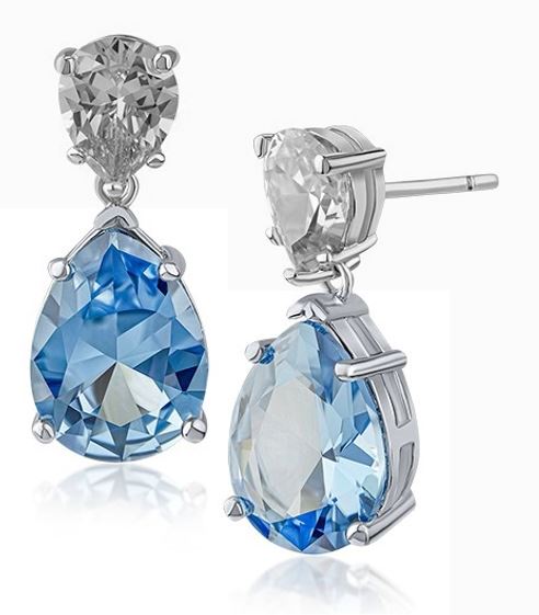 Light Blue Pear Cubic Zirconia Double Drop Earrings in Rhodium-Plated Brass, photo 1