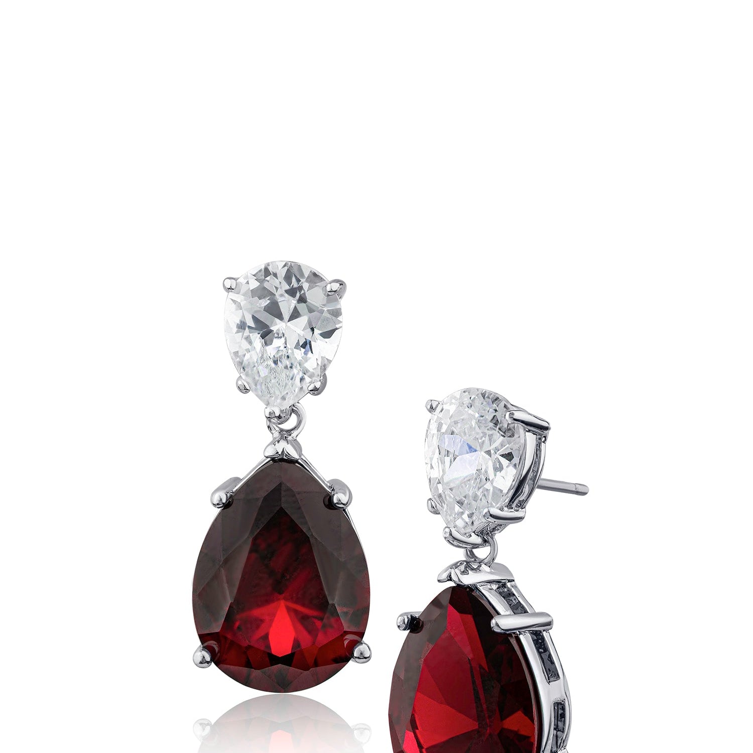Aretes colgantes de doble pera con zirconias cúbicas y piedras rojas en latón bañado en rodio, foto 1