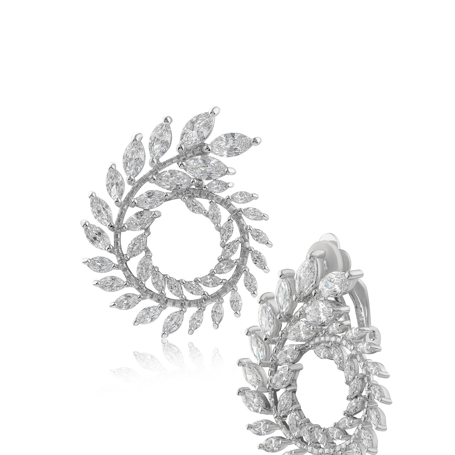 Marquise Cubic Zirconia Foliage Spiral Clip-On Earrings in Rhodium-Plated Brass, photo 1