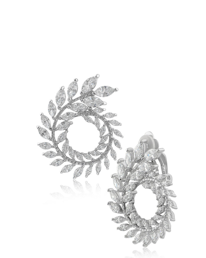 Marquise Cubic Zirconia Foliage Spiral Clip-On Earrings in Rhodium-Plated Brass, photo 1