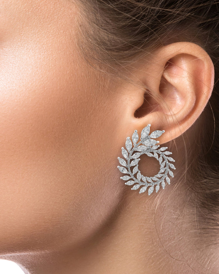 Marquise Cubic Zirconia Foliage Spiral Clip-On Earrings in Rhodium-Plated Brass, photo 2