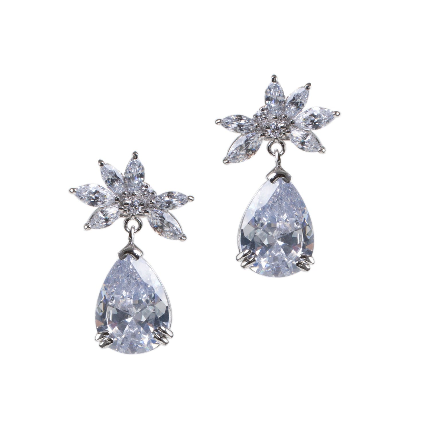 Aretes colgantes con racimo de zirconias cúbicas talla marquesa y gota talla pera en plata de ley, foto 1