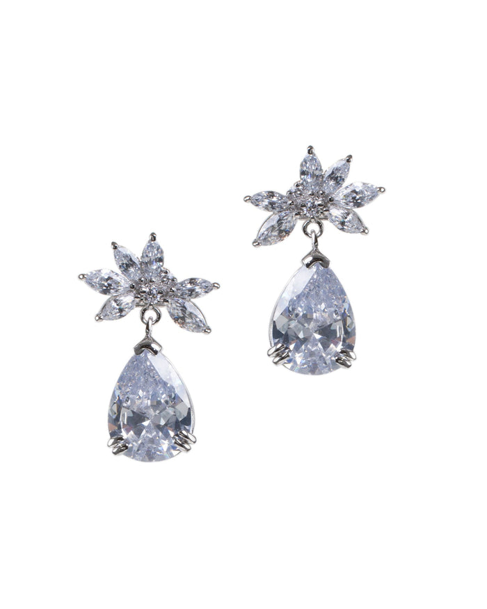 Aretes colgantes con racimo de zirconias cúbicas talla marquesa y gota talla pera en plata de ley, foto 1