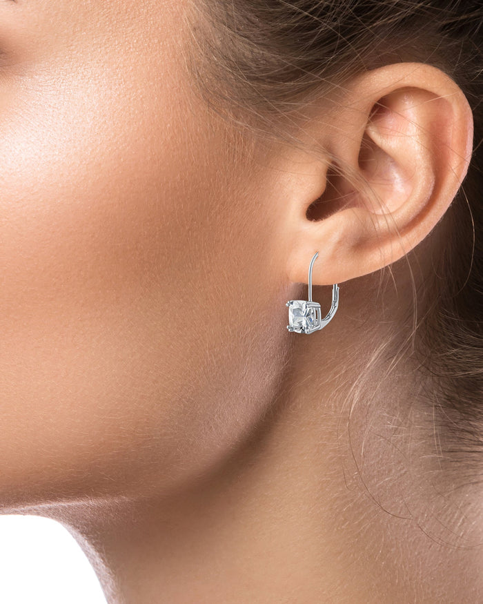 Aretes colgantes con zirconia cúbica talla cojín y cierre de palanca en latón bañado en rodio, foto 2