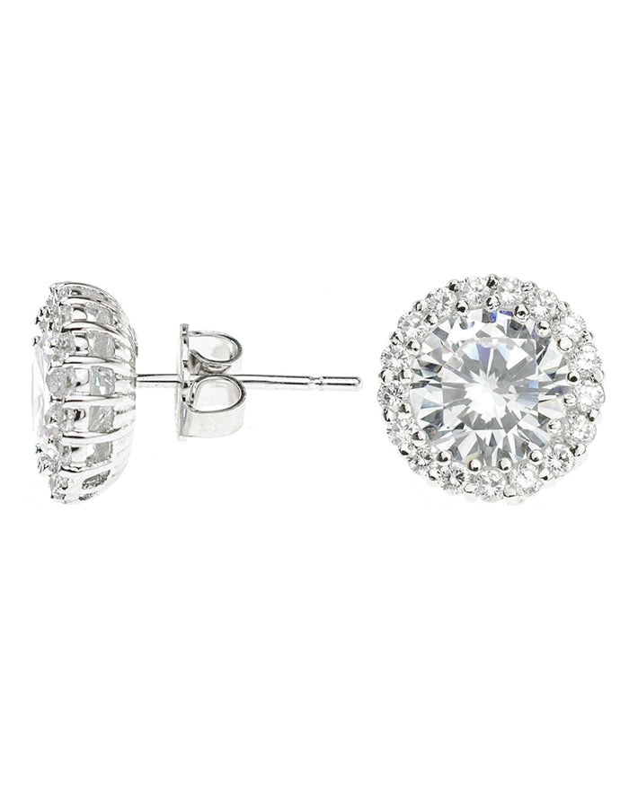 Round Pavé Cubic Zirconia Halo Earrings in Rhodium-Plated Brass, photo 1