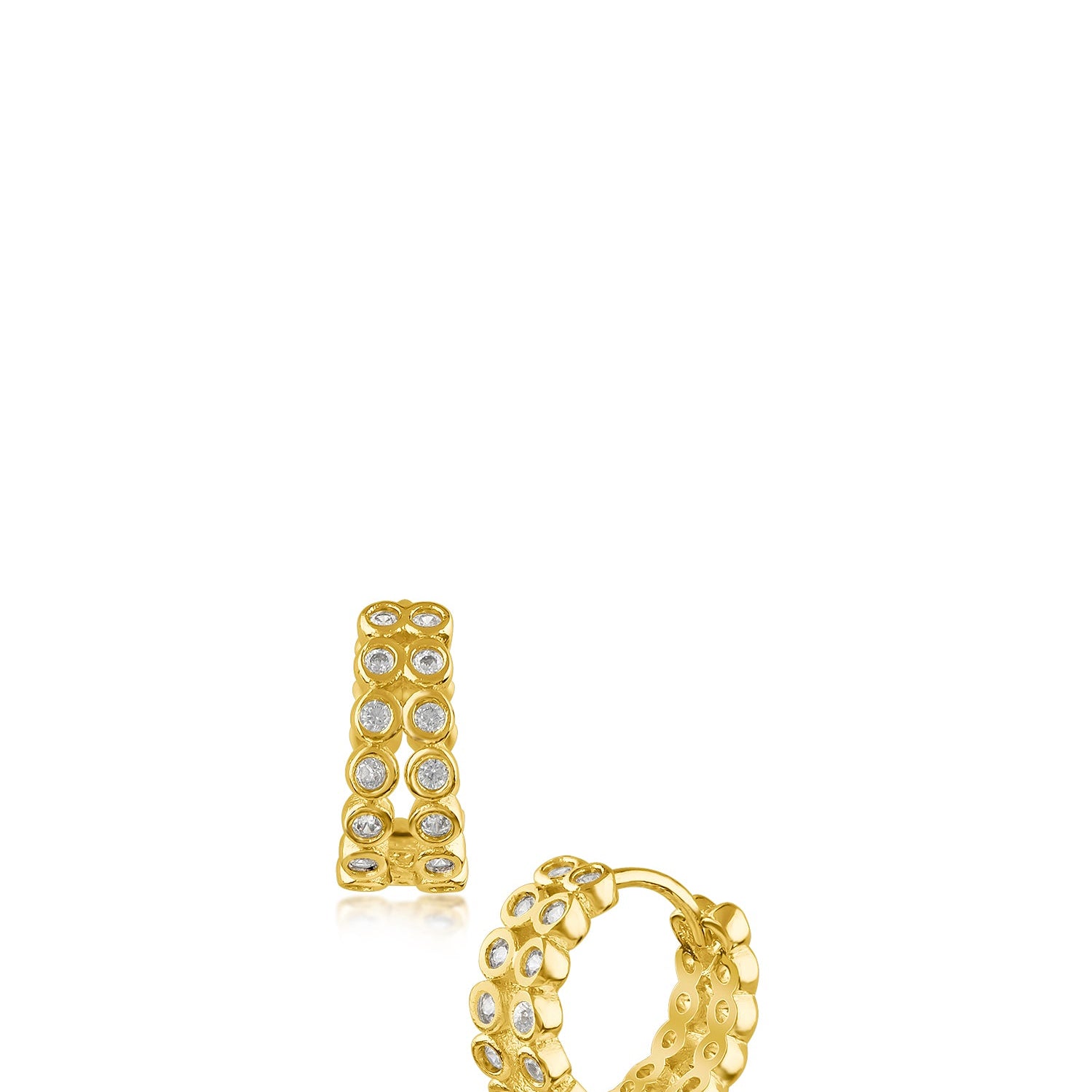 Aretes de aro Huggie dobles con zirconias cúbicas redondas en engaste de bisel en latón en tono dorado o bañado en rodio, foto 1