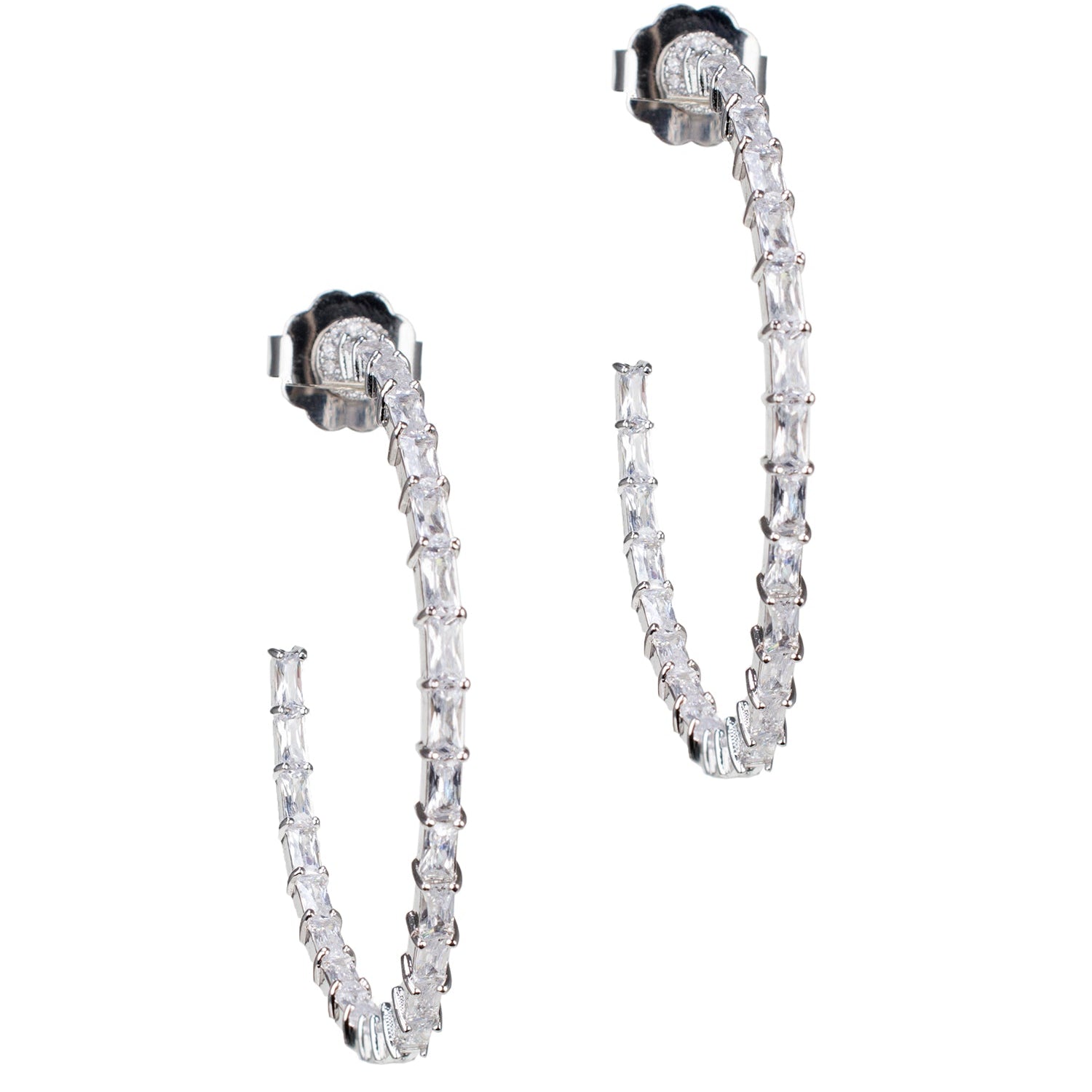 Aretes de aro inside-out con zirconias cúbicas baguette en latón bañado en rodio, foto 1