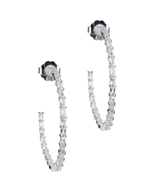 Baguette Cubic Zirconia Inside-Out Hoop Earrings in Rhodium-Plated Brass, photo 1