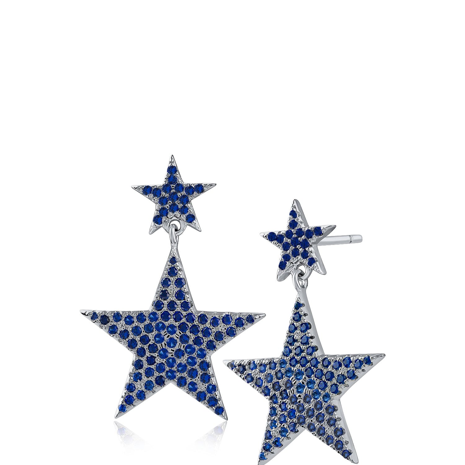 Aretes colgantes de doble estrella con zirconias cúbicas en engaste pavé en latón bañado en rodio, foto 1