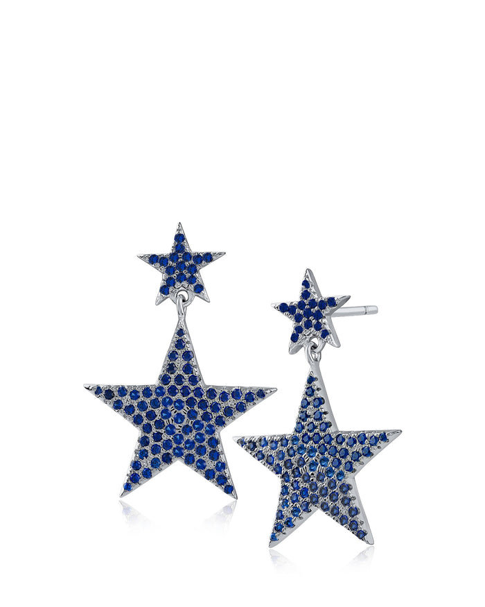Aretes colgantes de doble estrella con zirconias cúbicas en engaste pavé en latón bañado en rodio, foto 1