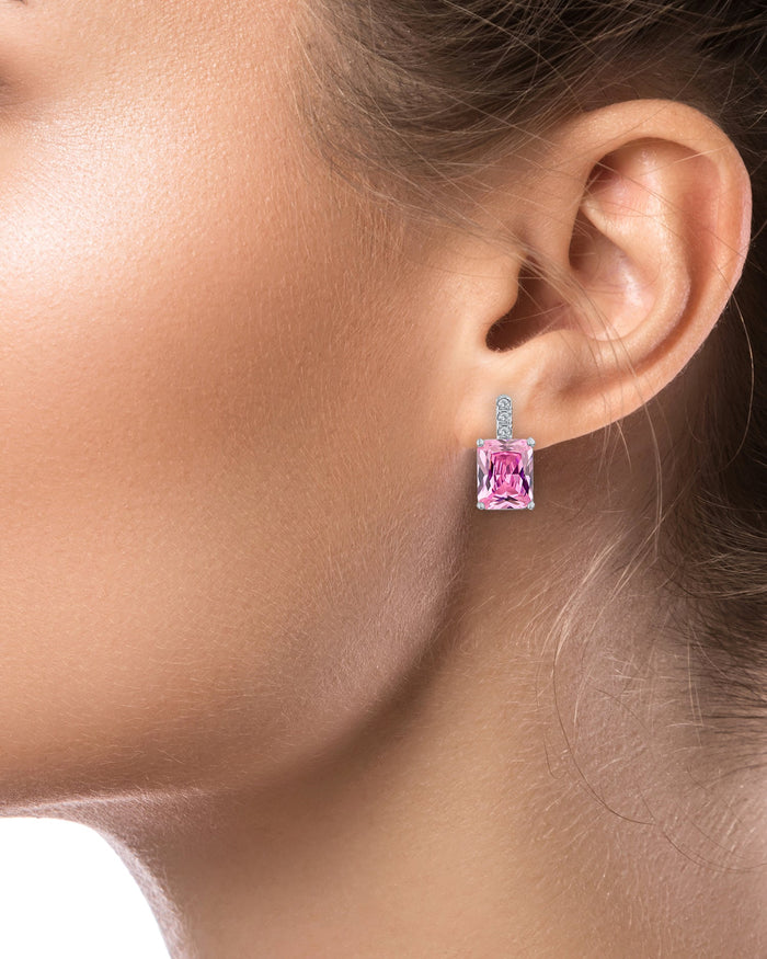 Aretes colgantes con zirconia cúbica rosa en latón bañado en rodio, foto 2