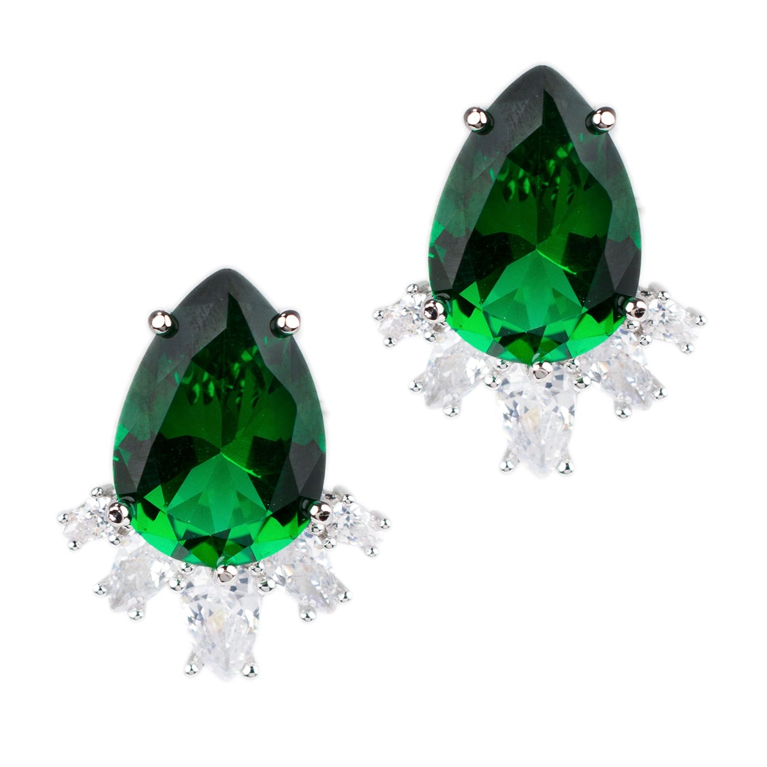 Green Pear-Shaped Cubic Zirconia Earrings in Rhodium-Plated Brass, photo 1