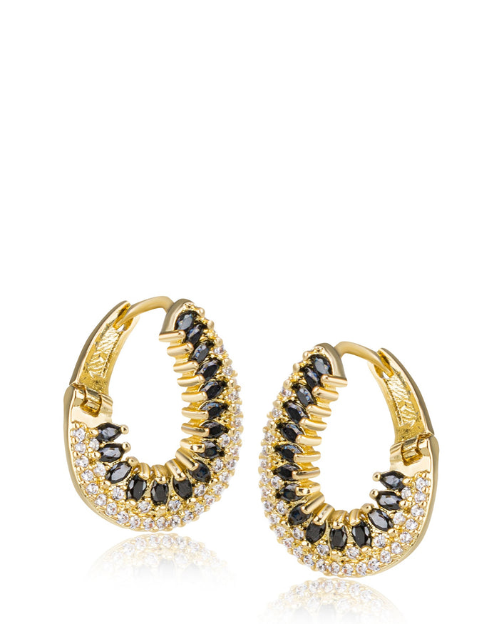 Aretes de aro Huggie curvos con zirconias cúbicas talla marquesa y redondas en latón bañado en oro, foto 2