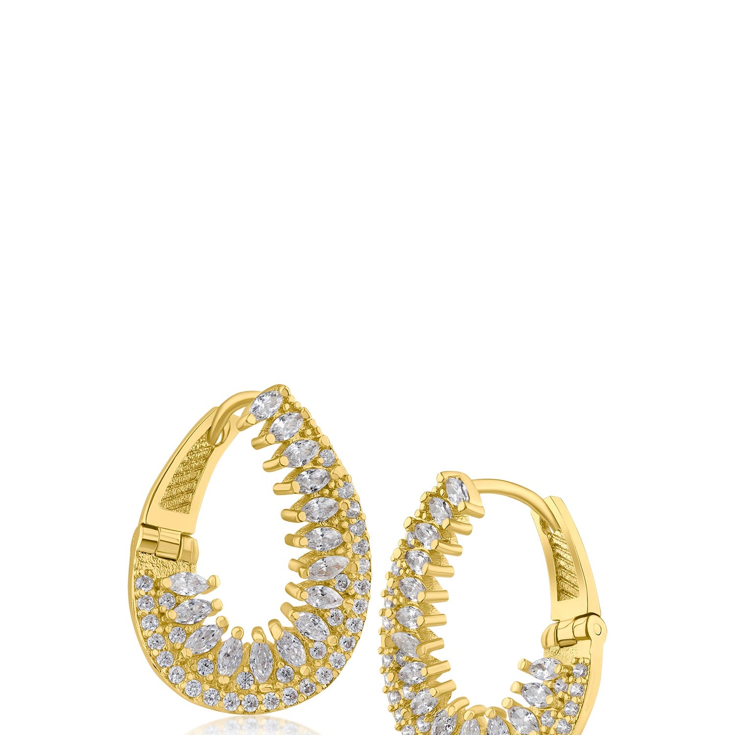 Aretes de aro Huggie curvos con zirconias cúbicas talla marquesa y redondas en latón bañado en oro, foto 1