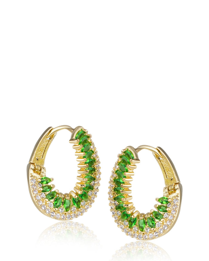 Aretes de aro Huggie curvos con zirconias cúbicas talla marquesa y redondas en latón bañado en oro, foto 3