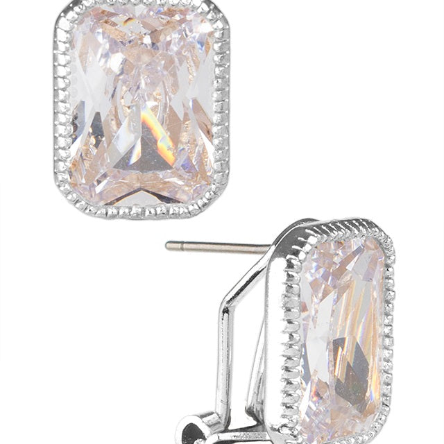 Large Emerald-Cut Cubic Zirconia Stud Earrings in Rhodium-Plated Brass, photo 1