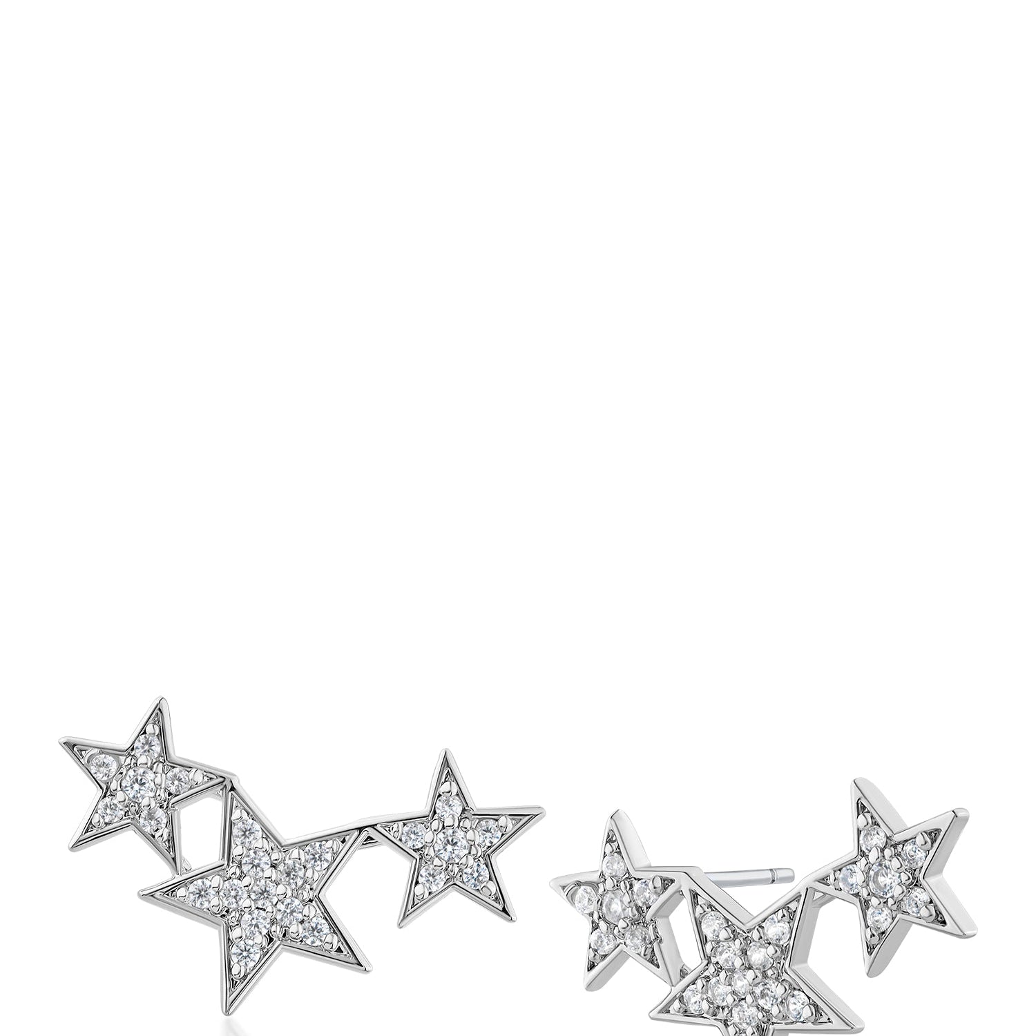 Aretes Crawler de tres estrellas con zirconias cúbicas en engaste pavé en latón bañado en rodio o en oro, foto 1