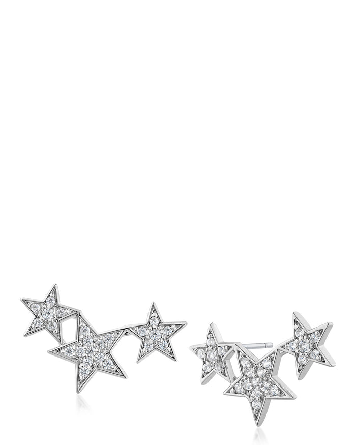 Aretes Crawler de tres estrellas con zirconias cúbicas en engaste pavé en latón bañado en rodio o en oro, foto 1