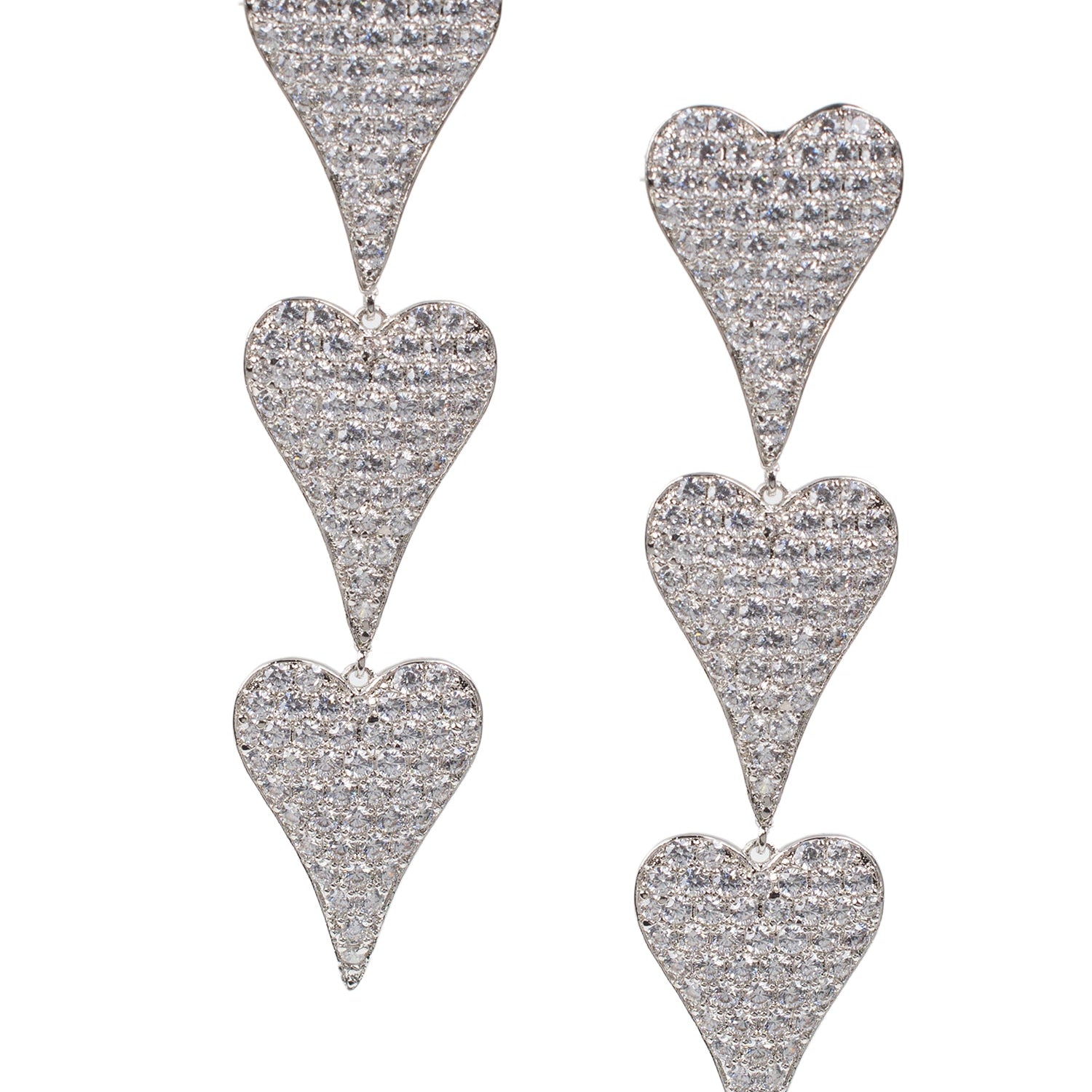 Pavé Cubic Zirconia Triple Heart Strand Earrings in Rhodium-Plated Brass, photo 1