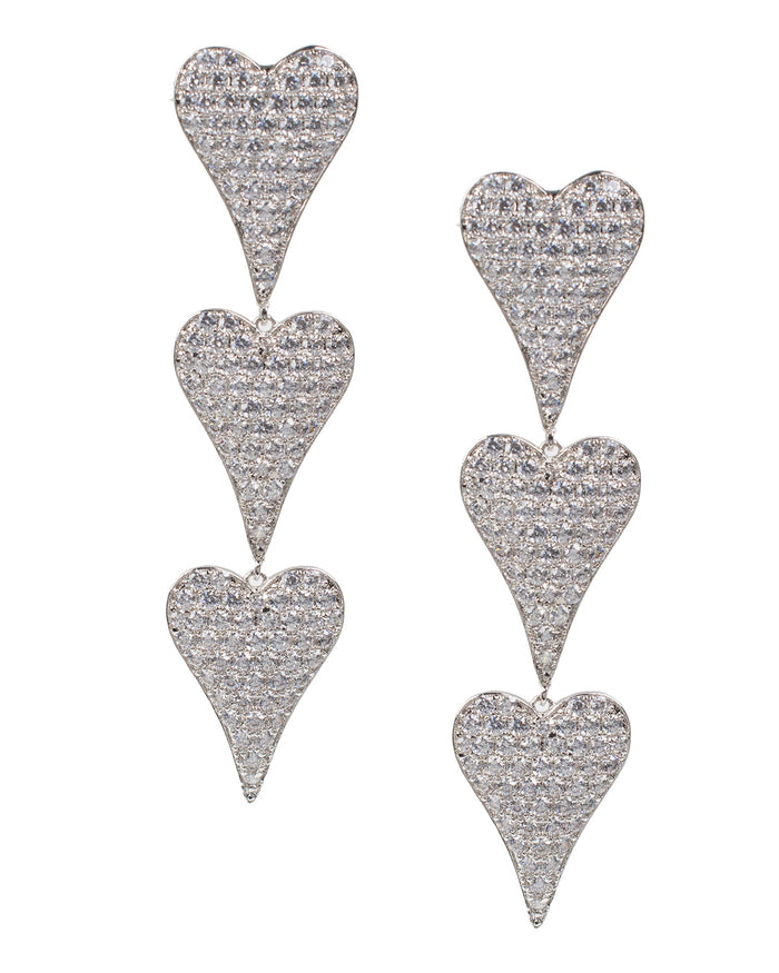 Pavé Cubic Zirconia Triple Heart Strand Earrings in Rhodium-Plated Brass, photo 1