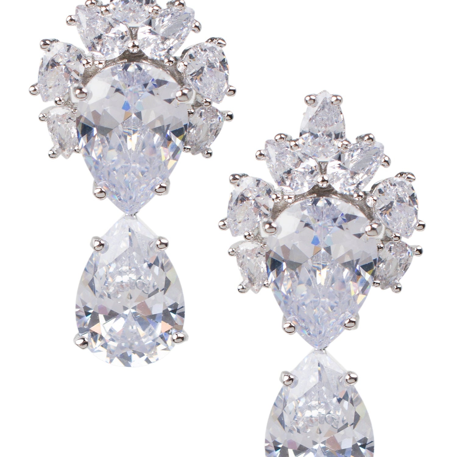 Double Pear Cubic Zirconia Earrings with Cluster Top in Rhodium-Plated Brass, photo 1