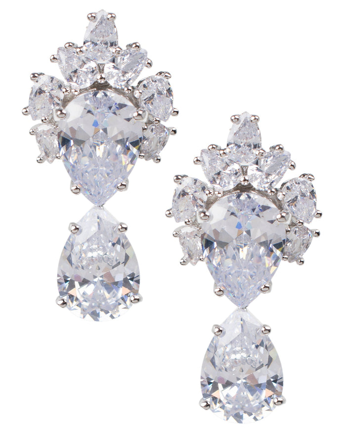 Double Pear Cubic Zirconia Earrings with Cluster Top in Rhodium-Plated Brass, photo 1