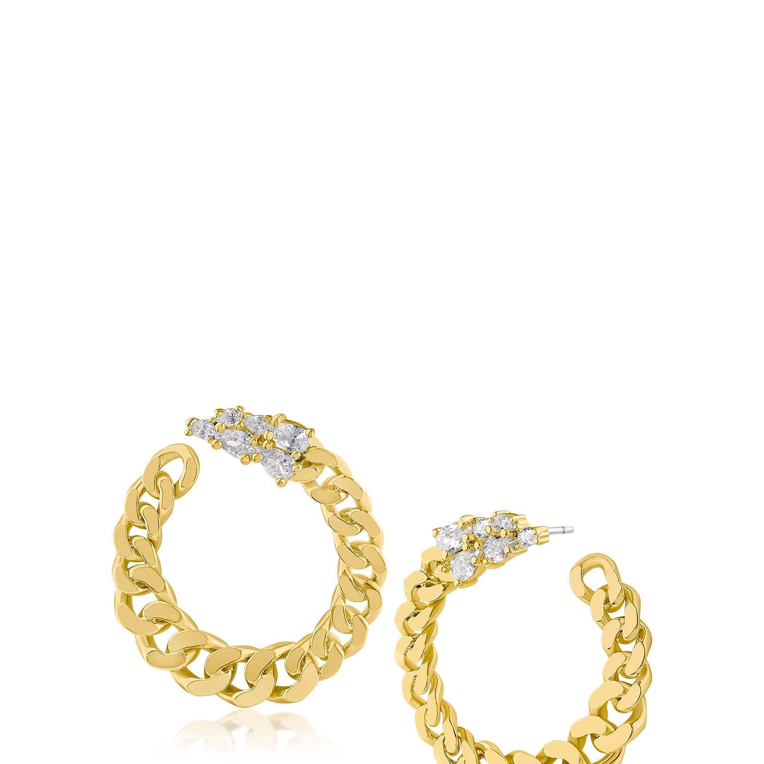 Aretes de medio aro de cadena con zirconias cúbicas talla pera en latón bañado en oro de 18K, foto 1