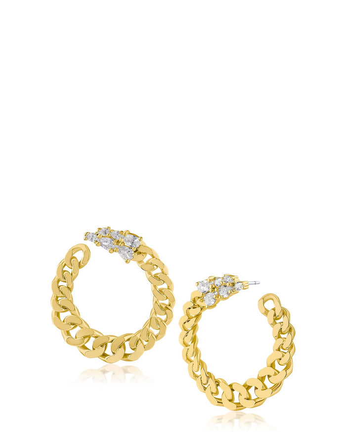 Aretes de medio aro de cadena con zirconias cúbicas talla pera en latón bañado en oro de 18K, foto 1