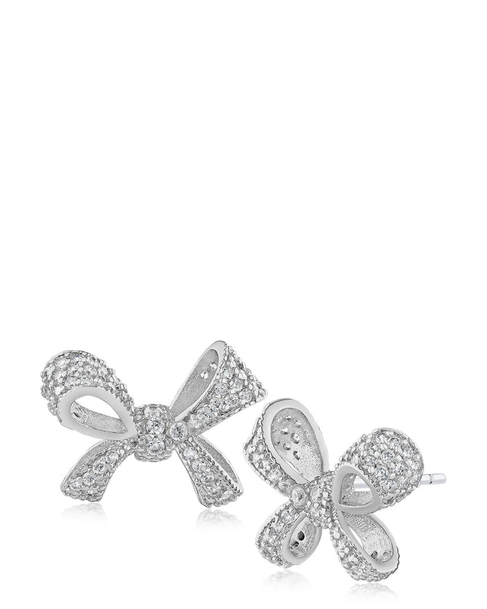 Pavé Cubic Zirconia Bow Stud Earrings in Gold-Plated or Rhodium-Plated Brass, photo 1