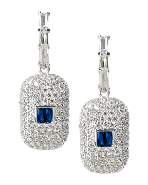 Aretes colgantes pavé con acento de zirconia cúbica baguette azul en latón bañado en rodio, foto 1