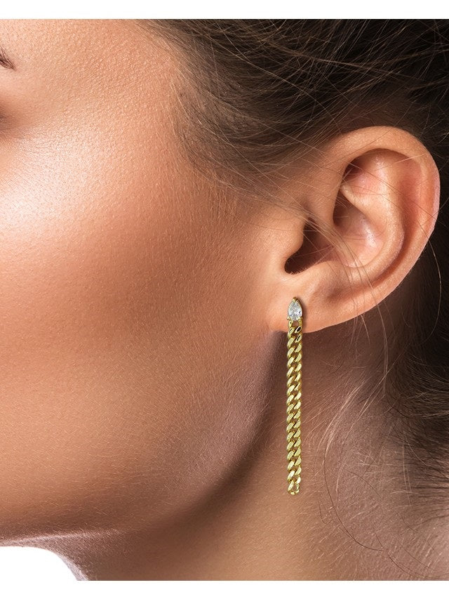 Aretes colgantes de cadena barbada con zirconia cúbica en talla pera en latón bañado en oro, foto 2