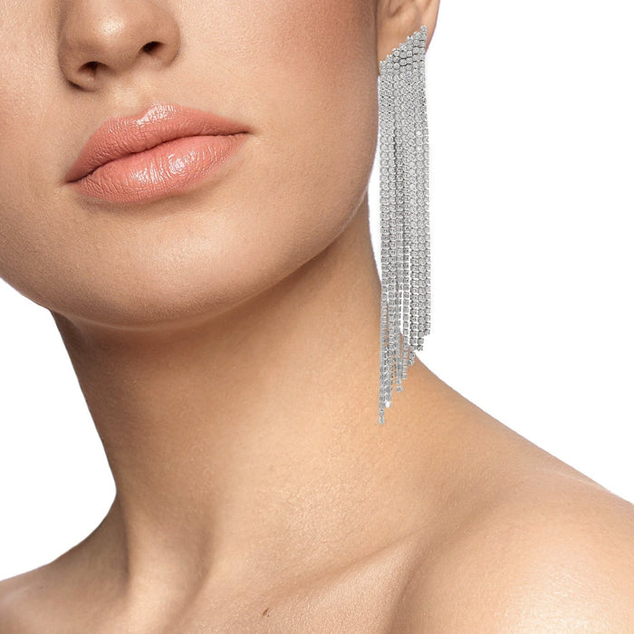 Aretes de flecos escalonados con zirconias cúbicas redondas en latón bañado en rodio, foto 2