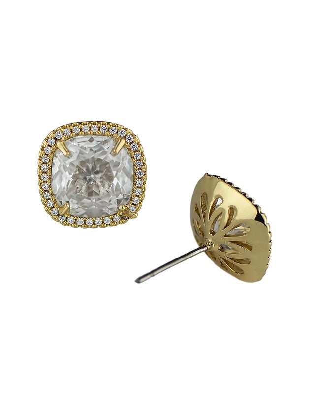 Aretes de botón con zirconia cúbica talla cojín y halo en latón bañado en oro de 18K, foto 1