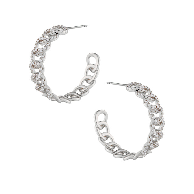 Aretes de aro de eslabones con pavé de zirconias cúbicas en latón bañado en rodio, foto 1