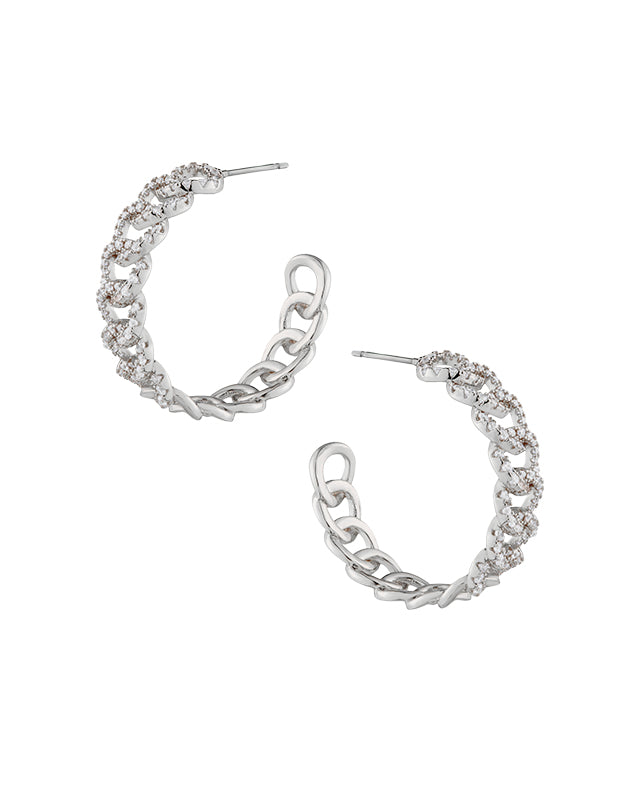 Aretes de aro de eslabones con pavé de zirconias cúbicas en latón bañado en rodio, foto 1