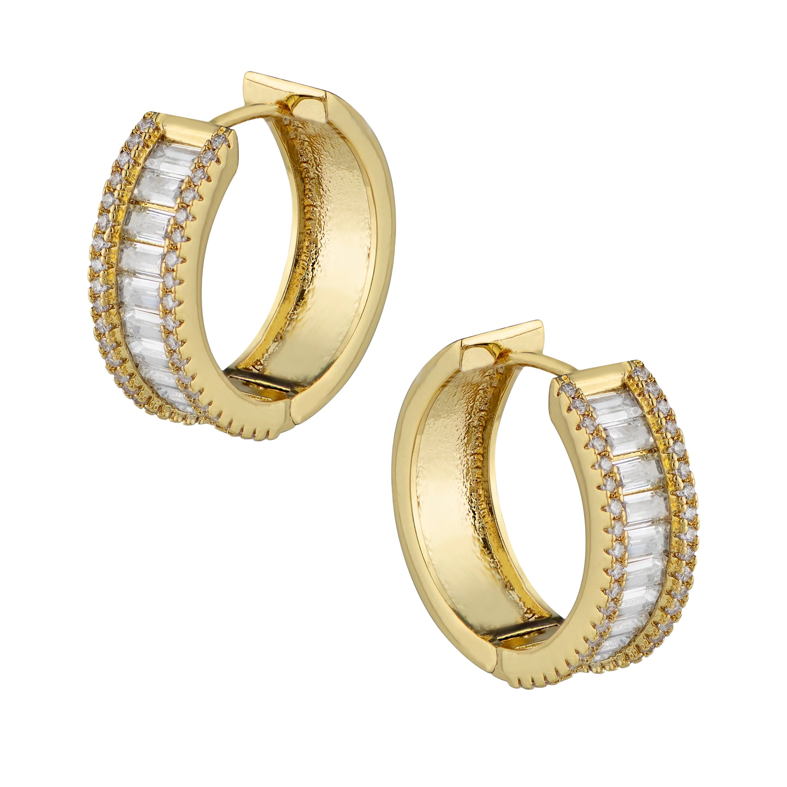Baguette Cubic Zirconia Hoop Earrings with Pavé Trim in 18K Gold-Plated Brass, photo 1
