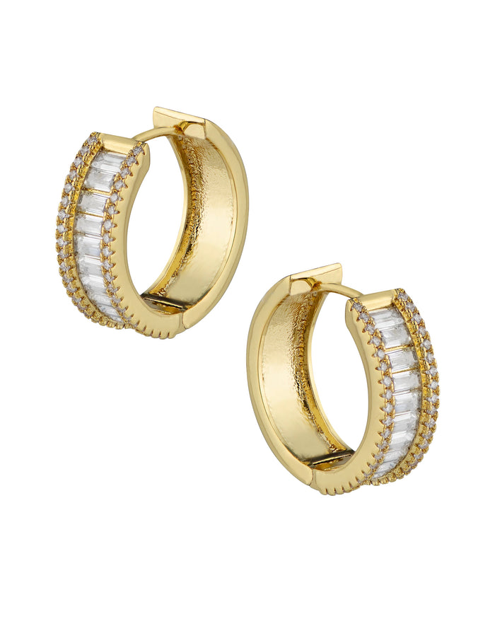 Baguette Cubic Zirconia Hoop Earrings with Pavé Trim in 18K Gold-Plated Brass, photo 1