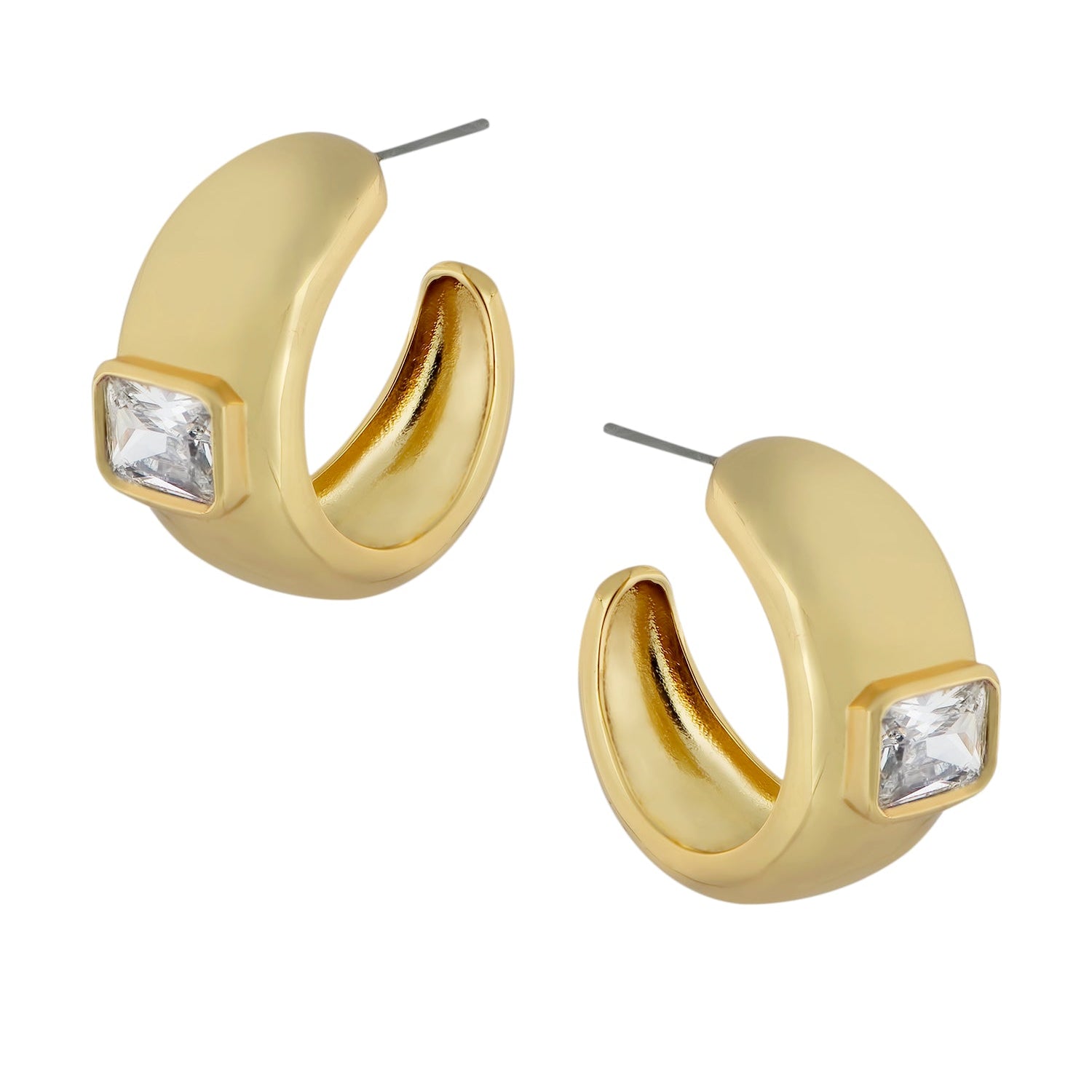 Aretes de aro gruesos con zirconias cúbicas talla esmeralda en latón bañado en rodio, foto 1