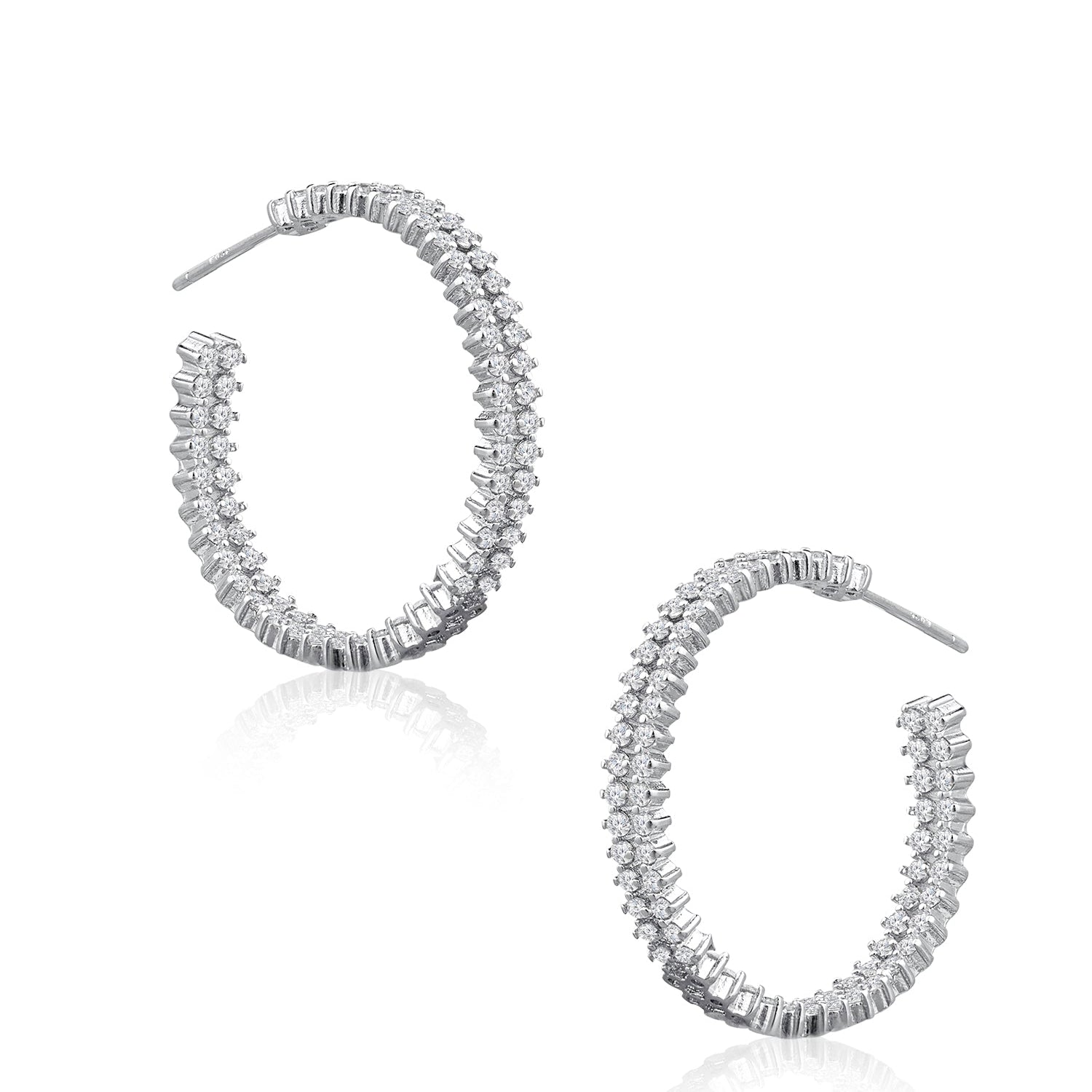 Aretes de aro de doble hilera con zirconias cúbicas redondas en latón bañado en rodio, foto 1